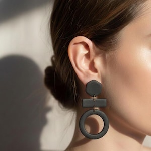 Three-Piece Black Polymer Clay Earrings | Handmade Minimalist Hanging Earrings | Elegant Statement Earrings, Lightweight and Unique