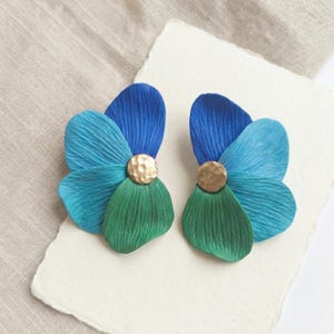 Handmade Polymer Clay Flower Earrings – Lightweight Floral Statement Blue and Green Earrings - Perfect Gift For Her, Elegant Modern & Unique