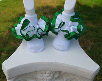 Green glitter trim and White Satin ribbon ruffle Socks.