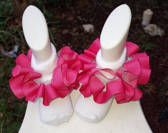 Dark Pink  Grograin Ribbon Ruffle Socks