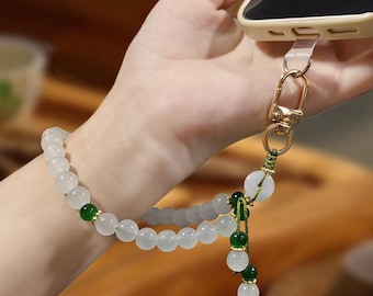 Witgroene jadekralen telefoonpolsband, elegante damestelefoonarmbandbedel