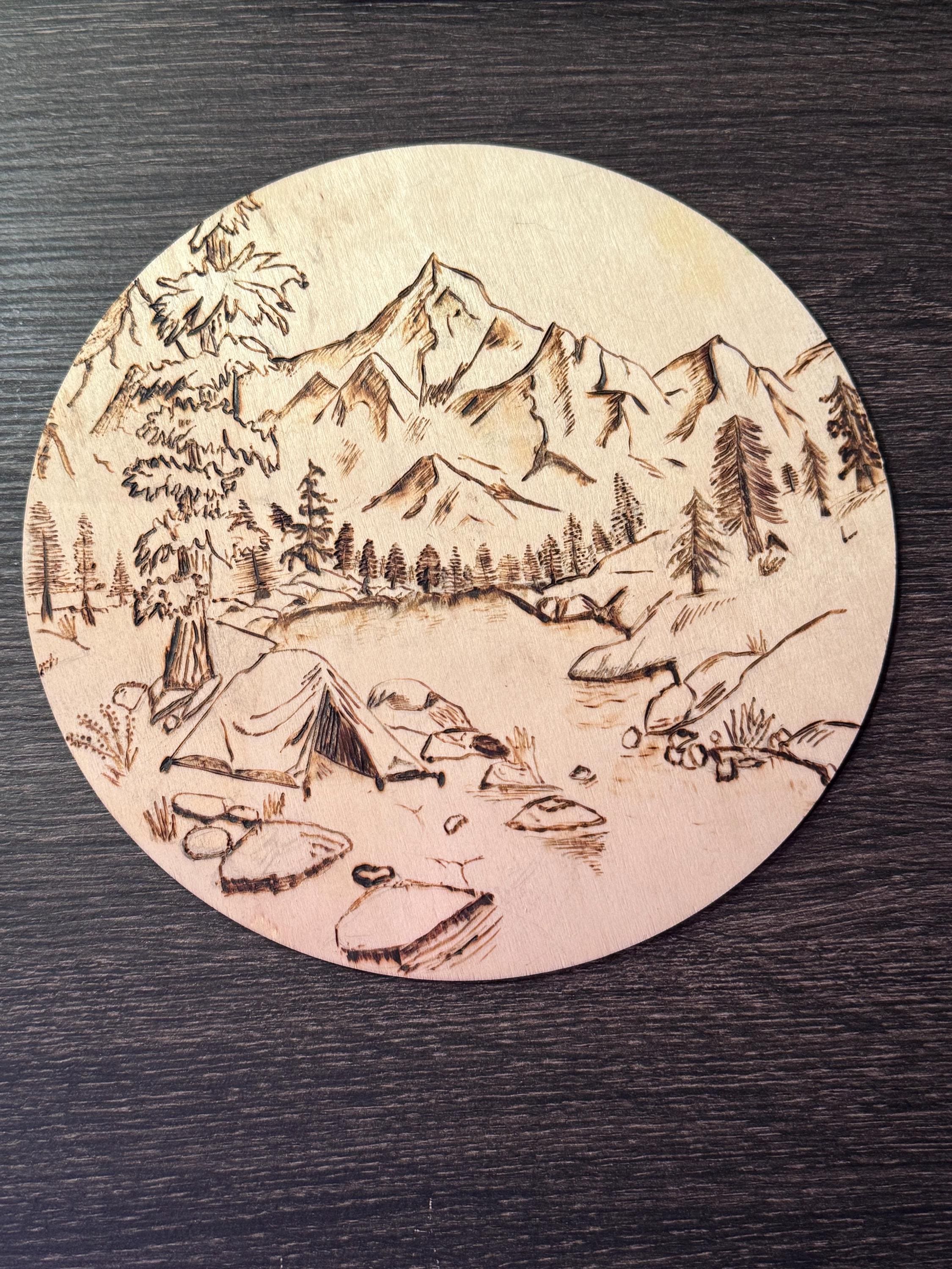 Pyrographie Sur Bois - Tableau Montagnes D'hiver - Décoration Murale Artisanale