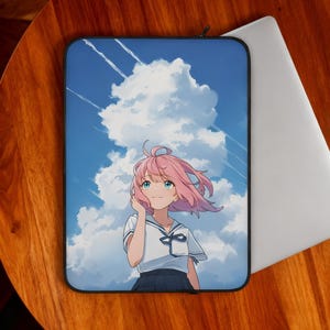 Cloudy sky laptop sleeve with anime student girl. Cute aesthetic tech gift for her. Fits MacBook, HP, Dell, ASUS & iPad. Perfect for school!