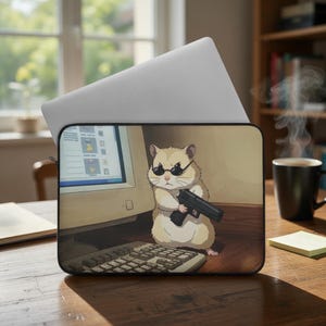 Puede incluir: Funda para portátil con un hámster de dibujos animados con gafas de sol y sosteniendo una pistola. El hámster beige está frente a un monitor de ordenador y un teclado. La funda es negra con un gráfico beige y marrón.