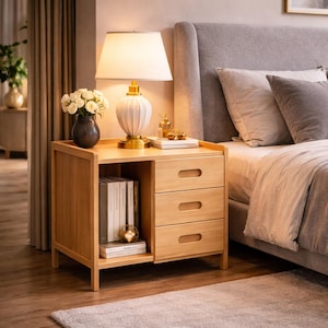 May include: A light wood nightstand with three drawers and an open shelf. A white lamp with a gold base sits on top, along with books and decorative items. A vase of white flowers is also on the nightstand.