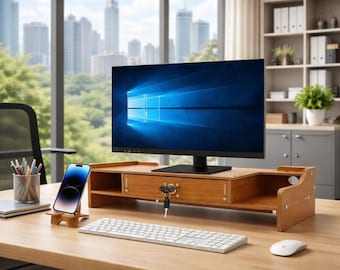 Monitor Stand with Drawer and Lock, Wooden Monitor Riser, Desktop Organizer Shelf, Handmade Computer Screen Stand for Office Desk Storage