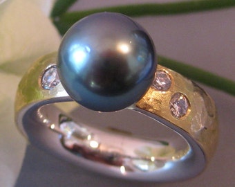 Ring Diamonds Tahitian Pearl Gold and Silver Solid Hammered Matt