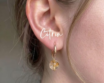 Citrinörhängen i guld | 14k guldpläterat rostfritt stål | Vattentäta Huggie Hoop-örhängen i natursten | Novembers födelsesten | Present till henne