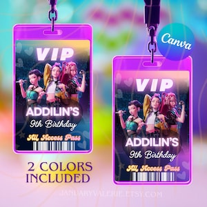 Puede incluir: Dos pases VIP morados con cordón, con un gráfico de tres personas con micrófonos. Los pases dicen "ADDILIN'S 9th Birthday" y "All Access Pass". También se ve el texto "2 COLORES INCLUIDOS".