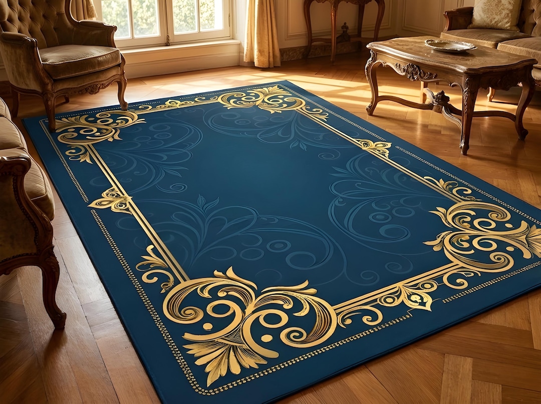 Royal Blue Baroque Area Rug, Ornamental Living Room Carpet, Luxury ...