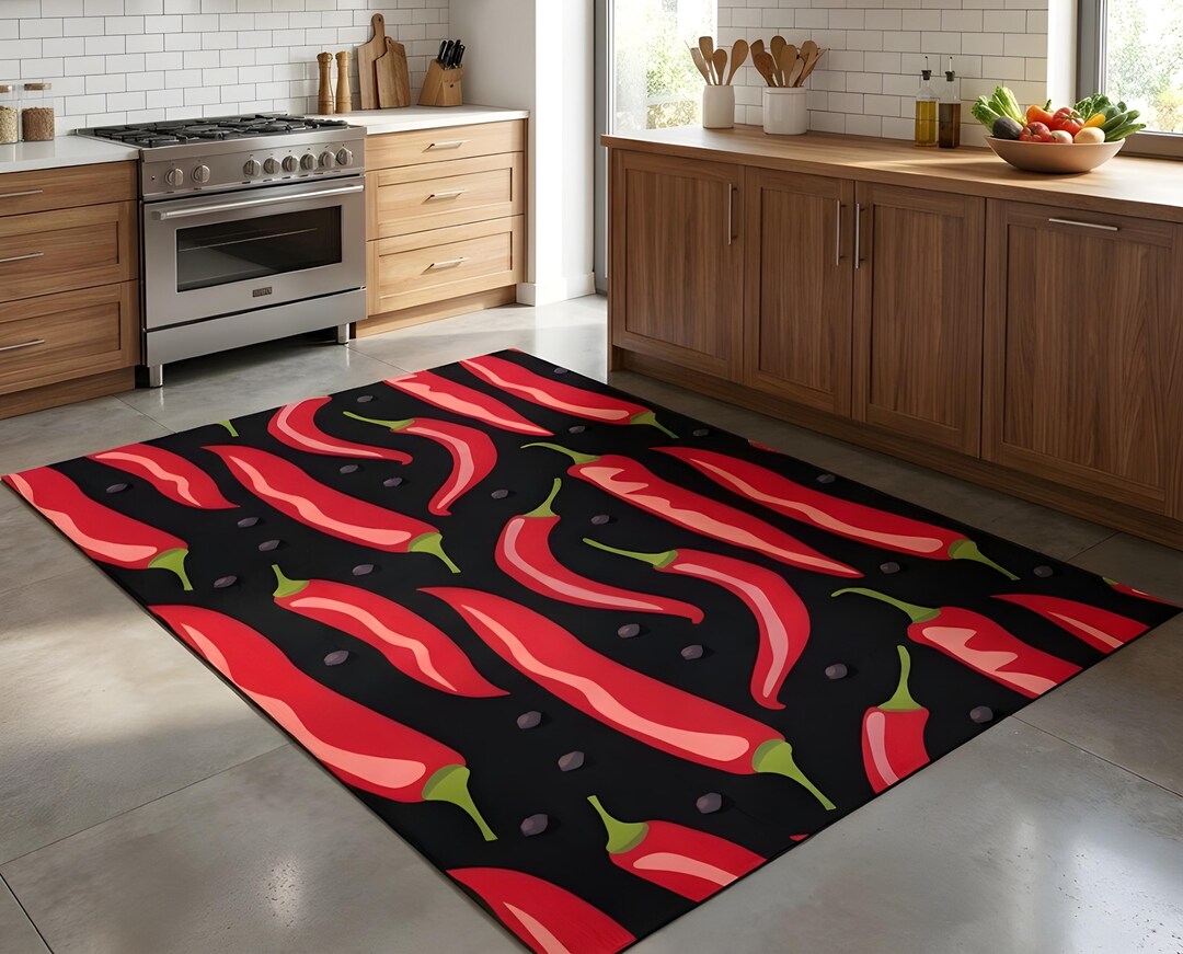 Red Chili Pepper Rug, Spicy Kitchen Decor, Modern Black Runner Rug ...