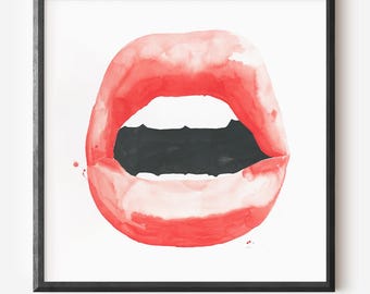 Lola Watercolor Lips Art Print: Limited Edition Giclee, Red and Black