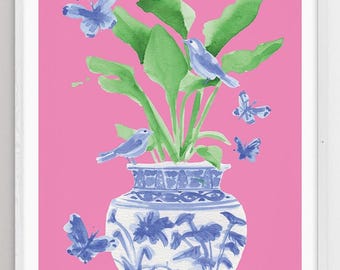 Blue and White Ginger Jar Art Print: Chinoiserie Bird of Paradise