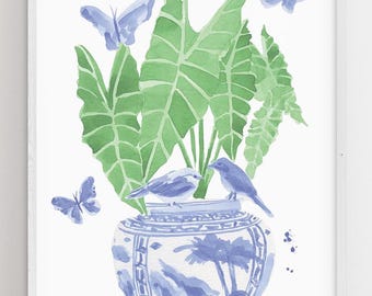 Blue and White Ginger Jar Art Print: Chinoiserie Watercolor