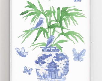 Blue and White Ginger Jar Art Print: Chinoiserie Watercolor Giclée