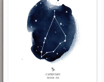 Capricorn Constellation Watercolor Print: Navy Night Sky Zodiac Art