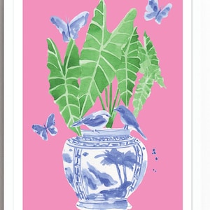 Ginger Jar Blue and White Watercolor Art Print Grandmillenial Chinoiserie Giclee Print Traditional Watercolor Ginger Jar Illustration Pink
