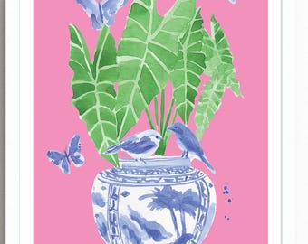 Ginger Jar Art Print: Blue and White Chinoiserie Watercolor (Giclee Print)
