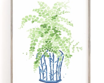 Blue Floral Ginger Jar Watercolor Art Print: Chinoiserie Illustration