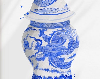 Ginger Jar no. 4 Blue and White Watercolor Art Print grandmillenial chinoiserie giclee print