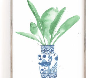 Blue Floral Ginger Jar Watercolor Art Print: Chinoiserie Illustration