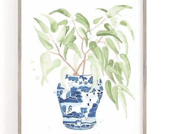 Blue Floral Ginger Jar Watercolor Art Print: Chinoiserie Illustration