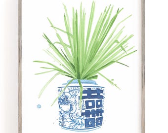 Blue Floral Ginger Jar Watercolor Art Print: Chinoiserie Illustration
