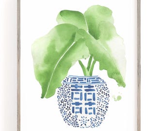 Blue Floral Ginger Jar Watercolor Art Print: Chinoiserie Illustration
