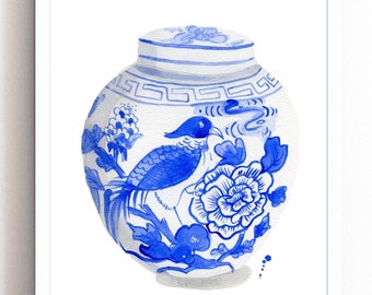 Ginger Jar no. 2 Blue and White Watercolor Art Print grandmillenial chinoiserie giclee print