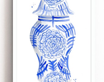 Blue Floral Ginger Jar Watercolor Art Print: Chinoiserie Illustration
