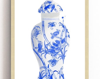 Blue Floral Ginger Jar Art Print: Chinoiserie Botanical Vase