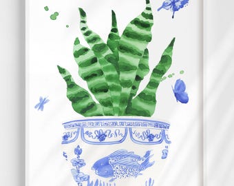 Chinoiserie Snake Plant Art Print: Blue and White Ginger Jar Watercolor