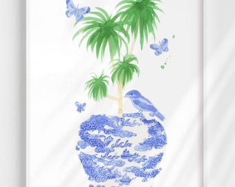 Blue and White Ginger Jar Art Print: Chinoiserie Dragon Tree Watercolor