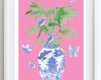 Blue and White Ginger Jar Art Print: Chinoiserie Watercolor Giclée