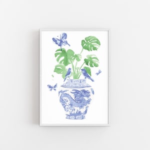 Ginger Jar Blue and White Watercolor Art Print Grandmillenial Chinoiserie Monstera Print Traditional Watercolor Ginger Jar Illustration Pink