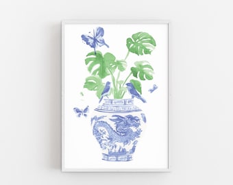 Blue and White Ginger Jar Art Print: Chinoiserie Monstera Watercolor