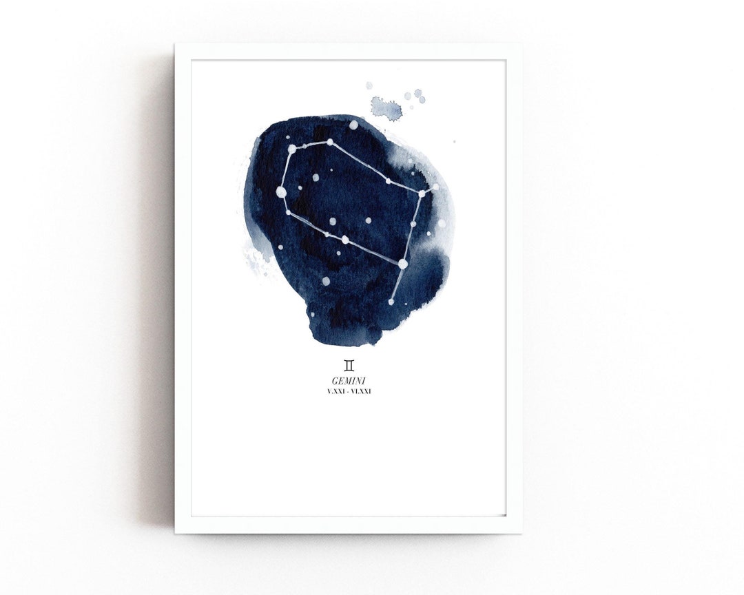 Gemini Zodiac Constellation Wall Art – Watercolor Night Sky Astrology ...