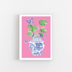 Ginger Jar Blue and White Watercolor Art Print Grandmillenial Chinoiserie Monstera Print Traditional Watercolor Ginger Jar Illustration Pink