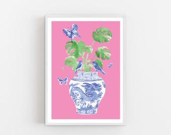 Blue and White Ginger Jar Art Print: Chinoiserie Monstera Watercolor