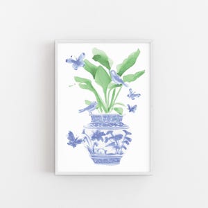 Ginger Jar Blue and White Watercolor Art Grandmillenial Chinoiserie Bird of Paradise Print Traditional Watercolor Ginger Jar Illustration