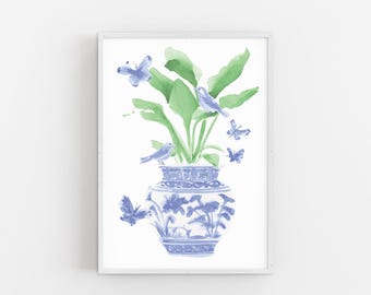 Blue and White Ginger Jar Art Print: Chinoiserie Bird of Paradise Watercolor