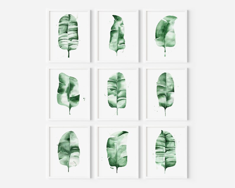 Watercolor banana leaf art print with lush green tones, perfect for tropical and botanical wall decor. Minimalist design captures nature-inspired style, adding a refreshing vibe to modern, bohemian, or office spaces. Unframed, ready to be styled