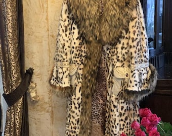 Dolce & Gabbana Leopard Fur Coat, Raccoon Fur Collar, Vintage D G Statement Coat Made in Italy