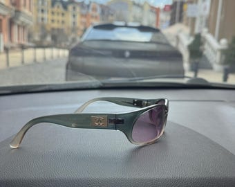 Vintage Chanel Sunglasses 90s Y2K, CC Logo Oval Frame Green Brown