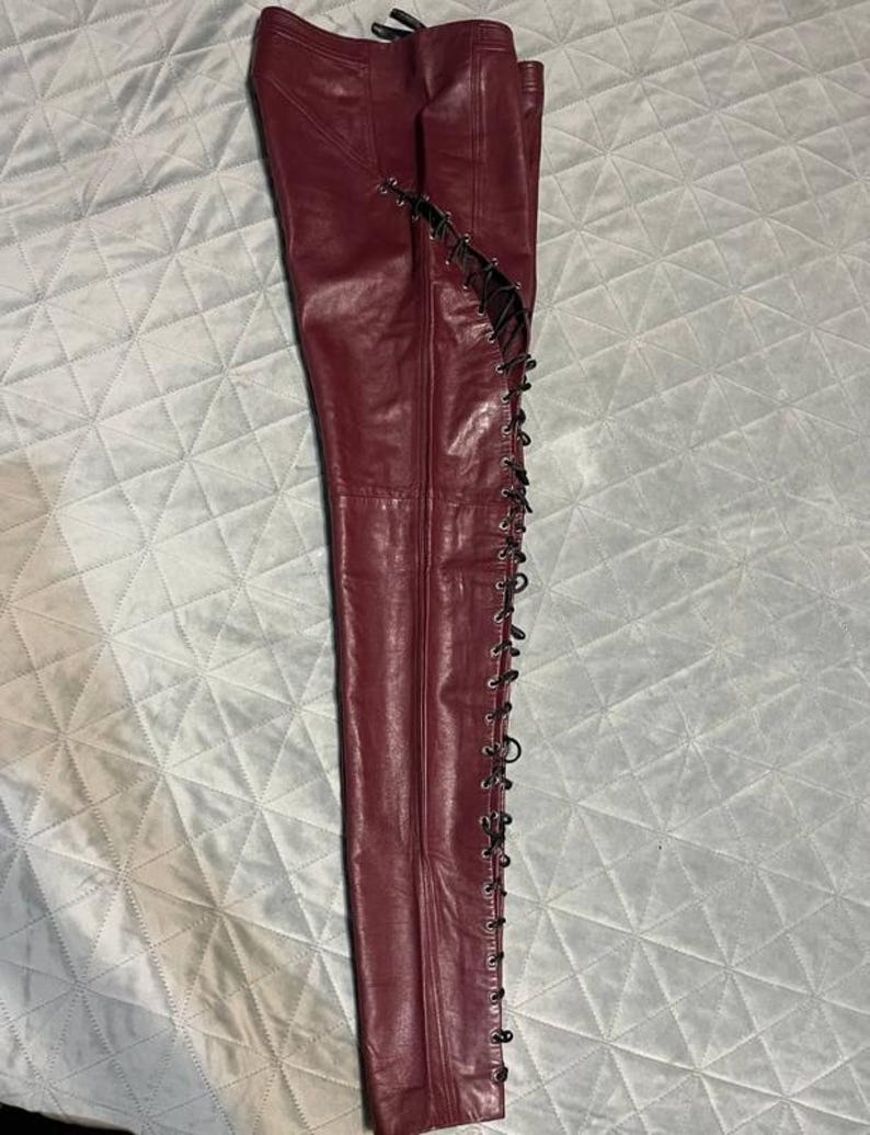 May include: Burgundy leather pants with a lace-up design along the outer seams. The pants are made of a smooth, shiny leather material and have a classic five-pocket design. The lace-up detail adds a unique and edgy touch to the pants.
