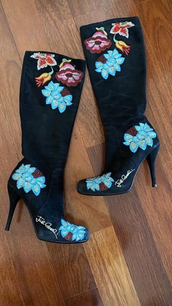 RARE Roberto Cavalli Suede Floral Embroidered Heel Boots, Luxury Designer Statement Shoes Size 38