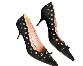Vintage Prada Pumps Black Suede Heels | Studded Grommet Shoes | Kitten Heel Pointed Toe | Designer Shoes EU 36,5