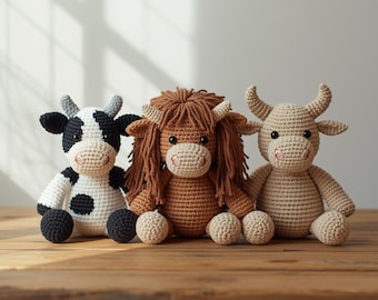 Patrón de vaca de crochet en PDF, juguete amigurumi de toro de las Highlands (descarga digital)