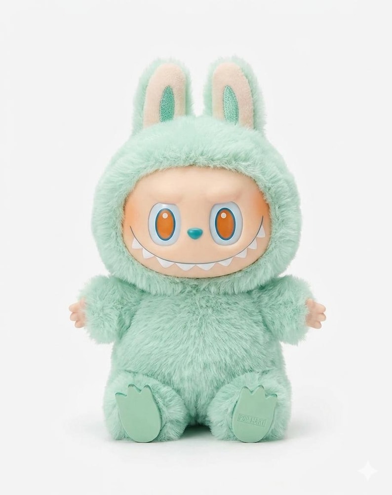 Puede incluir: Un peluche verde menta con forma de criatura con orejas de conejo. El juguete tiene una cara sonriente con ojos naranjas y una sonrisa con dientes. El peluche tiene una textura peluda y lleva un atuendo con capucha.
