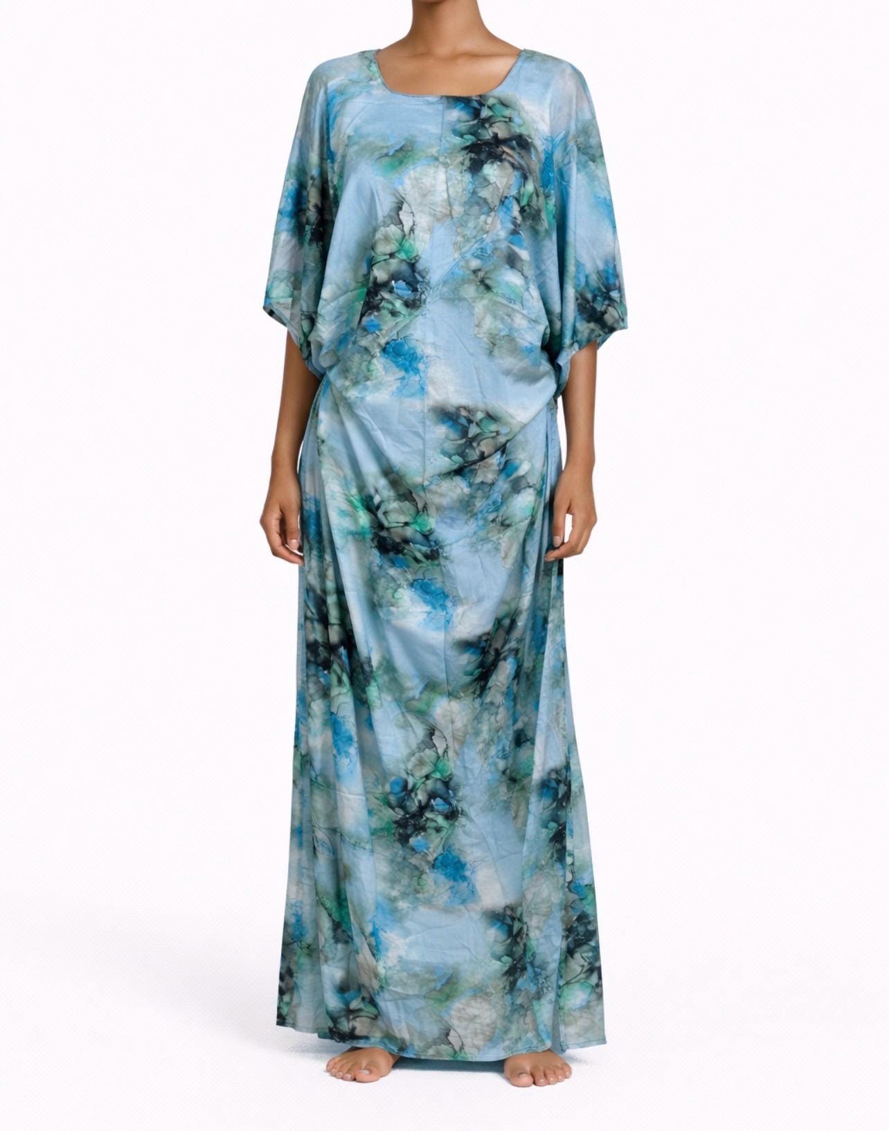 abbis blue dress broad city Abstract Print Button Down Dress With Three Quarter Bell Sleeves In Navy Multi main image 1